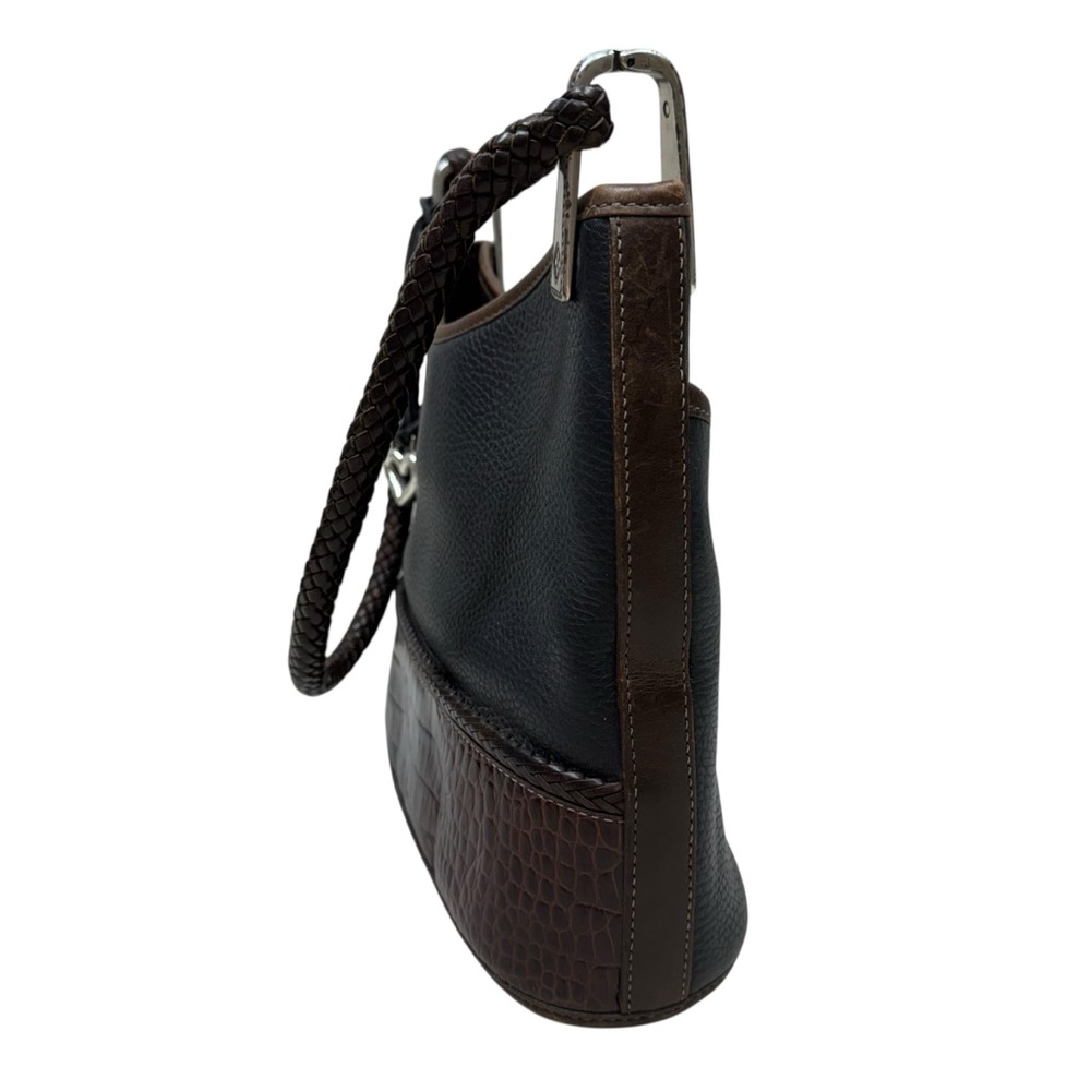 BRIGHTON Bucket Bag Pebbled Leather Black Brown Shoulder Tote Vtg Braided Strap - Picture 6 of 15